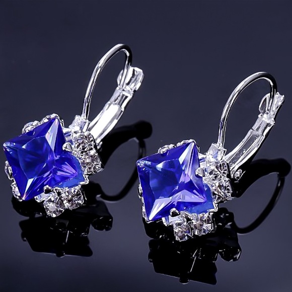 Silver Blue & Clear Crystal Lever Back Earrings - Picture 3 of 8